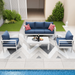 ECOPATIO Aluminum Patio Furniture Set 6 Pcs Metal Modern Outdoor Sofa Sets Outdoor Sectional Patio Conversation Set with Coffee Table for Backyard White & Blue (Included Waterproof Covers)