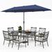 Perfect VILLA 5 Piece Outdoor Dining Set with 10ft Umbrella 37 Square Metal Dining Table & 4 Cushioned Metal Chairs & 3-Tier Beige Umbrella for Patio Deck Yard Porch