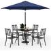 Perfect VILLA 5 Piece Outdoor Dining Set with 10ft Umbrella 37 Square Metal Dining Table & 4 Stacking Metal Chair with 3 Tier Beige Umbrella for Patio Deck Yard Porch