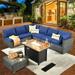 HOOOWOOO 8 Pieces Patio Furniture Set Wicker Rattan Conversation Set with Propane Gas Fire Pit Table Blue