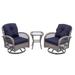 3 Pieces Outdoor Swivel Rocking Chairs with Thickened Cushions and Glass Coffee Table 360 Degree Rocker Conversation Set with Curved Armrest Accent Armchair for Backyard Living Room Navy Blue