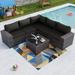 Popular Outdoor Patio Furniture Set 6 Pieces Sectional Rattan Sofa Set Brown PE Rattan Wicker Patio Conversation Set with 5 Navy Blue Seat Cushions and 1 Tempered Glass Table