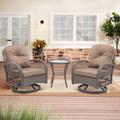 3 Pieces Set Outdoor Swivel Rocker Chair and Coffee Table Rural Style Patio Conversation Set with Removable Cushion Armchair and Solid Tempered Glass Table Suitable for Backyard Garden Pool Khaki