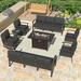 Kullavik Aluminum Patio Furniture Set with Propane Fire Pit Table 10-seat Metal Outdoor Furniture w/Fire Pit Patio Sectional w/5.1 Cushions for Patio Backyard Poolside-Black