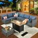 HOOOWOOO 8 Pieces Patio Furniture Set Wicker Rattan Conversation Set with Propane Gas Fire Pit Table Bright Blue