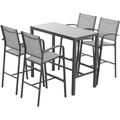 Perfect Orange-Casual 5-Piece Patio Bar Set All-Weather Aluminum Textile Fabric Outdoor Dining Table and Chairs 4 Height Metal Bar Stools with Glass High Top Coffee Table for Porch Ga