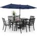 Perfect & William Patio Dining Set for 6 with 13ft Double-Sided Patio Umbrella 8 Piece Metal Outdoor Table Furniture Set - 6 Outdoor Chairs 1 Rectangle Dining Table and 1 Large Navy