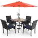 Perfect & William Outdoor 6 Pieces Dining Set with 4 Rattan Chairs 1 Wood-Like Metal Table and 1 10ft 3 Tier Auto-tilt Umbrella(No Base) Red Modern Patio Furniture for Poolside Por