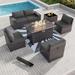 Popular 8PCS Outdoor Patio Furniture Set with 43 55000BTU Gas Propane Fire Pit Table PE Wicker Rattan Sectional Sofa Patio Conversation Sets Navy Blue