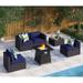 Perfect 8 Pieces Patio Furniture Set with 45 Plate Embossing Propane Fire Table Outdoor PE Rattan Sectional Sofa Set Patio Gas Fire Pit Conversation Set with Blue Cushions & Glas