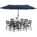 Perfect & William Patio Dining Set with 13ft Double-Sided Patio Umbrella 8 Piece Metal Outdoor Table Furniture Set with 6 Outdoor Stackable Chairs 1 Rectangle Dining Table and 1 Lar