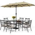 Perfect VILLA 5 Piece Outdoor Dining Set with 10ft Umbrella 37 Square Metal Dining Table & 4 Cushioned Metal Chairs & 3-Tier Beige Umbrella for Patio Deck Yard Porch