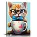 Nawypu Watercolor Cat Canvas Art Cat in A Cup Canvas Painting Cat Picture Prints Cat Art Prints Cute Animal Poster Cat with Glasses Wall Art Abstract Cat Picture Cat Artwork Cute Cat Paintings