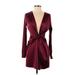 Fashion Nova Casual Dress - Party V-Neck Long sleeves: Burgundy Solid Dresses - Women's Size Small