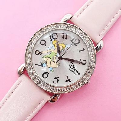 Disney Accessories | Disney Parks Tinker Bell Watch Pink Band Crystal Rhinestones Leather | Color: Pink | Size: Os