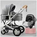 Reversible Bassinet Baby Pram Stroller Carriage for Newborn, 3 in 1 High View Baby Stroller Pushchair for Toddler & Infant, Baby Strollers with Mosquito Net, Foot Cover (Color : Gray A)
