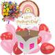 Mother's Day 35Inch Rainbow Cloud Helium Inflated Balloon with 12 Mini Red and Pink Heart Air-Filled Balloons and Fresh Florist Choice Flower Bouquet all delivered in a box