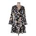 Bar III Casual Dress - Mini V-Neck 3/4 sleeves: Black Floral Dresses - Women's Size Large