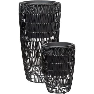 Blumentopf 2er Set Schwarz Rattan mit Innentopf Rund Bauchig Geflochten Verschiedene Größen 40 cm