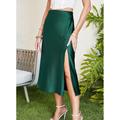 Women's Skirt A Line Midi High Waist Skirts Split Ends Solid Colored Street Daily Summer Polyester Spandex Fashion Casual Black Brown Green