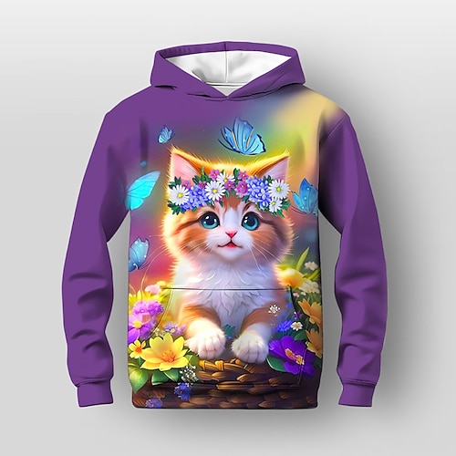 Mädchen 3D Blumen Karikatur Katze Kapuzenshirt Langarm 3D-Druck Herbst Winter Aktiv Modisch Kuschelig kinderkleidung 3-12 Jahre Outdoor Casual Täglich Regular Fit Image