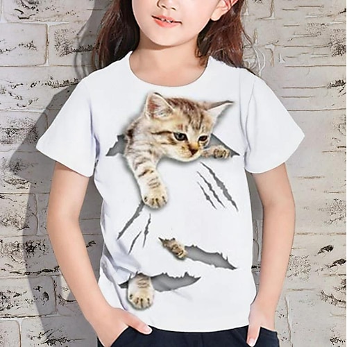Mädchen 3D Graphic Tier Katze T-Shirt Kurzarm 3D-Druck Aktiv Kuschelig kinderkleidung 3-12 Jahre Image