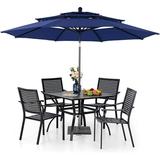 Perfect VILLA Outdoor 10ft Patio Umbrella Set for 4 with 5 Pieces Dining Table Chairs Metal Outdoor Stackable Wrought Iron Chair Set of 4 & 37 Metal Table 3 Tier Vented Dark Blu