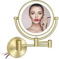 QCAI Lighted Makeup Mirror Wall Mounted Gold Double Sided 1/5X Magnifying Mirror Wall Mount with Light 360 Swivel Cosmetic Mirror for Bathroom Brass Brushed Gold Hardwired