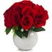 Floral 18 Heads Artificial Silk Roses Faux Flowers Arrangement In Round Tapered Ceramic For Office Wedding Decor (Red)