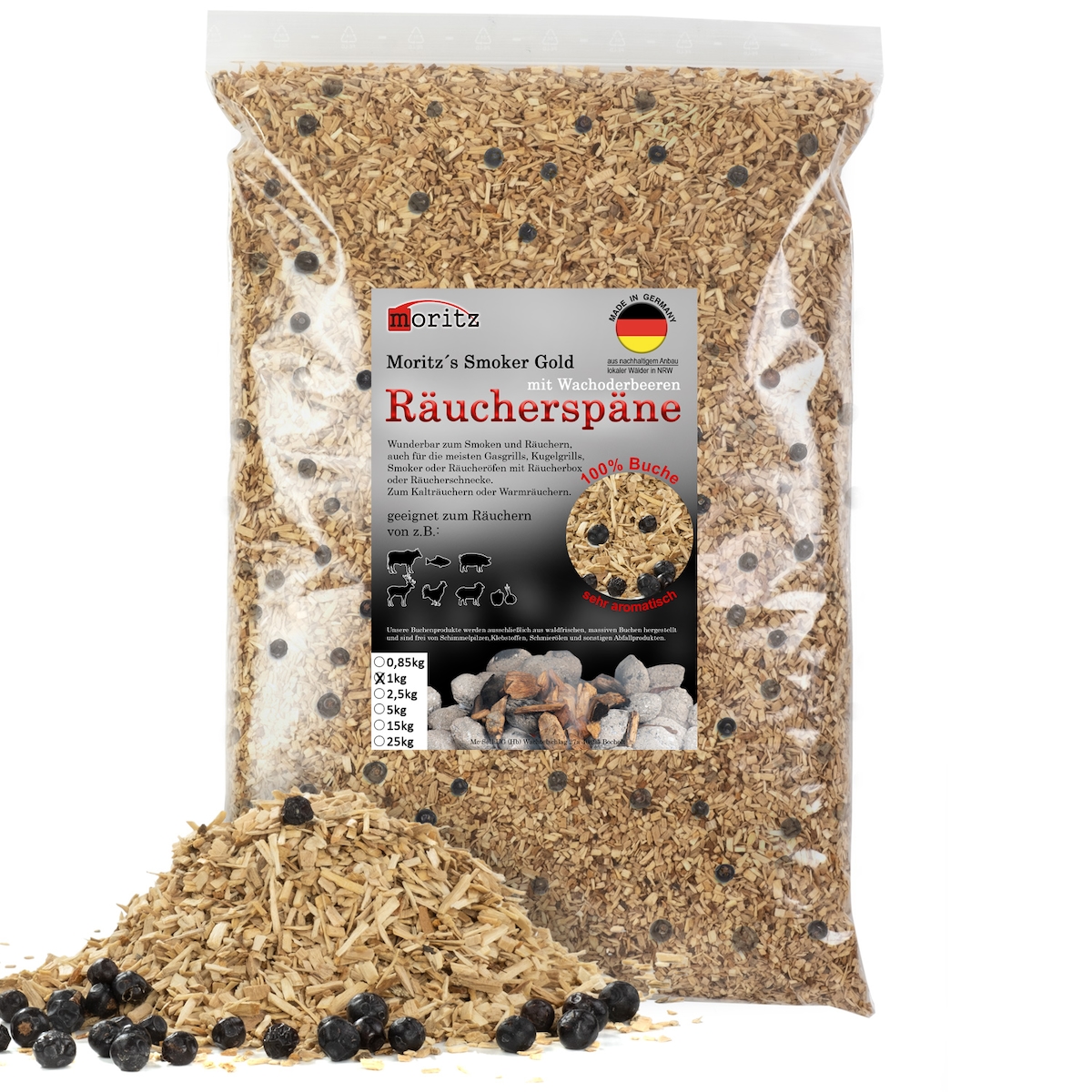 Moritz 1kg Räucherspäne Buche mit Wacholder fein 0,75 -2 mm Räuchern I Kalträuchern von Fisch Fleisch Wurst Käse auch für BBQ I Grill - Räuchermehl Image