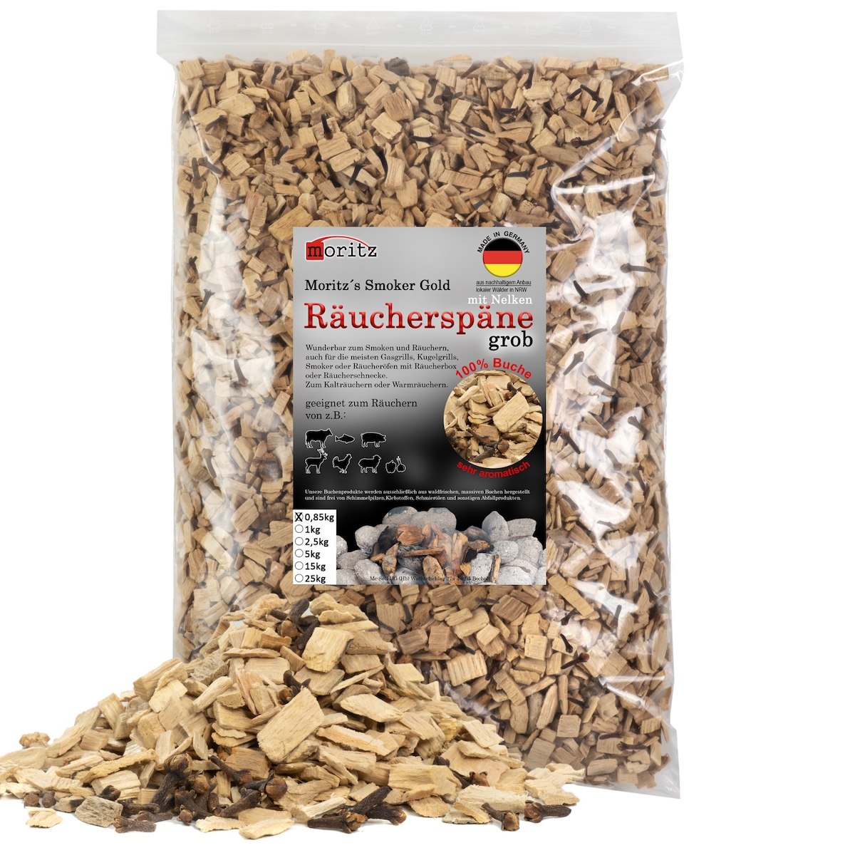 Moritz 0,85kg Räucherspäne Buche mit Nelke grob 6 -12 mm Räuchern I Kalträuchern von Fisch Fleisch Wurst Käse auch für BBQ I Grill - Räuchermehl Image