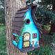 fairy bird house. A great gift for mum, wooden blue bird house, handmade quirky blue bird box, yellow fairy door, gift for neighbours.