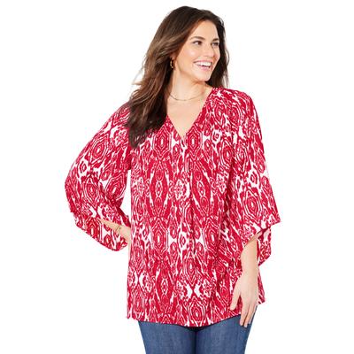Plus Size Women's V-Neck Angel Sleeve Blouse by Catherines in Vivid Red Ikat (Size 5X)