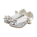 Glitter Princess Shoes Princess Kids Leather Shoes for Girls Flower Casual Glitter Children High Heel Girls Shoes Butterfly Knot Gold Silver (Color : Silver, Size : 38)