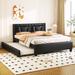 Queen Size PU Leather Upholstered Platform Bed with Headboard and Twin Size Trundle, No Box Spring Required