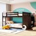Full over full over full small bunk bed with four drawers and a triple storage cabinet supported by wooden planks