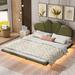 Queen Size Upholstery Platform Bed LED Floating Bed With PU Leather Headboard And Support Legs