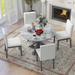 5-Piece Farmhouse Style Dining Table Set, Marble Sticker and Cross Bracket Pedestal Dining Table, and 4 Upholstered Chairs