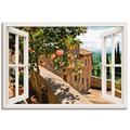 ARTland Leinwandbilder Wandbild Bild auf Leinwand Fensterblick Rosen auf Balkon Toskana Größe: 100x70 cm