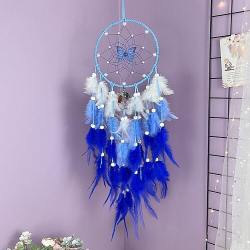 Grüner Traumfänger-Schmetterlingsring, handgemachtes Geschenk mit grüner Feder, Wandbehang, Dekor, Kunst, Windspiele, Boho-Stil, Autoanhänger Image