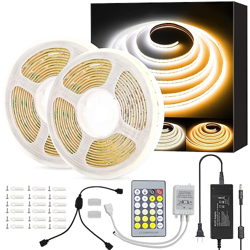32.8ft 10m cob flexbile neon led streifen licht wasserdicht ir24 key controller mit 24v adapter warm kaltweiß für schrank schlafzimmer küche tv spiegel Image