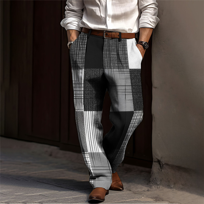 Plaid / Check Business Men's 3D Print Dress Pants Pants Trousers Outdoor Street Wear to work Polyester Blue Orange Green S M L High Elasticity Pants