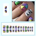 24pcs Halloween Christmas Colored Graffiti Fake Nails, Scary Ghost Grimace Press On Nails With Design, Glossy Glue On Nails Full Cover Short Oval False Nails For Women Girls