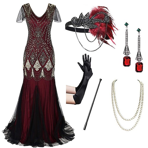 Retro Vintage Goldene Zwanziger 1920er Bodenlang Kleid Outfits Cocktailkleid Kurze Ärmel Der große Gatsby Hochzeitsgast Pailletten V Ausschnitt Kostüm Damen Party-Abendmode Abendgesellschaft Maskerade Image