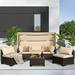 TPHORK 6 Piece Rattan Sectional Sofa Set Patio Conversation Set All-Weather Patio Daybed with Canopy