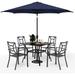 Perfect VILLA 5 Piece Patio Dining Set with 10ft Umbrella 37 Square Metal Dining Table & 4 Stacking Metal Chair with 3 Tier Navy Umbrella for Outdoor Deck Yard Porch