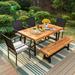 Perfect & William 6 Pieces Patio Dining Set for 6 4 PE Rattan Chairs and 1 Rectangular Acacia Wood Table and 1 Bench Outside Table and Chairs with Cushions Outdoor Furniture for De