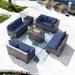 salable 8PCS Outdoor Patio Furniture Set with 43 55000BTU Gas Propane Fire Pit Table PE Wicker Rattan Sectional Sofa Patio Conversation Sets Navy Blue