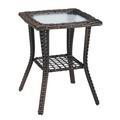 Outdoor Wicker Side Table Rattan End Table with Glass Top Patio Coffee Bistro Table for Indoor Garden Porch Balcony Brown