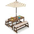 Kids Picnic Table Outdoor Wooden Table & Bench Set w/Removable Cushions and Umbrella Stripe Fabric Children Backyard Furniture for Patio Garden